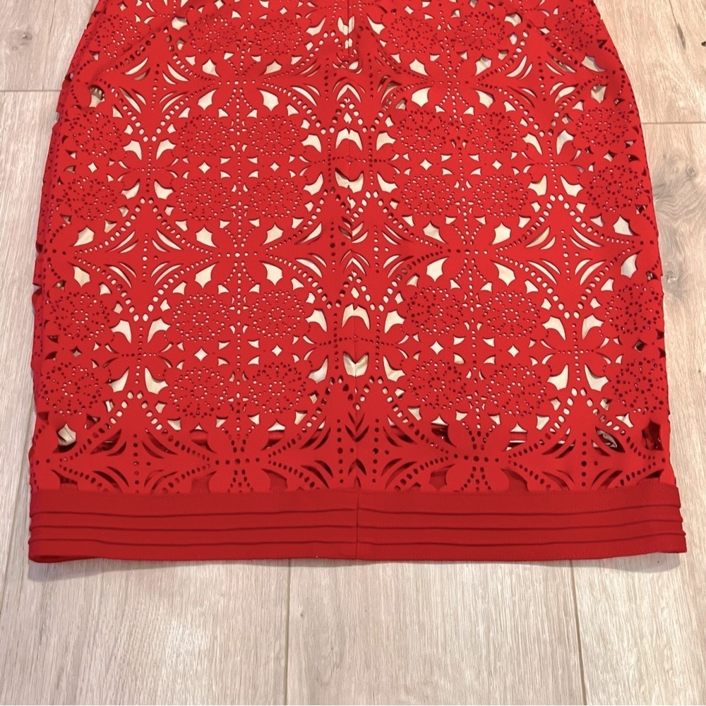 Tadashi Shoji Red Laser Cut Suede Sheath Knee Length Dress Size medium - Picture 9 of 16
